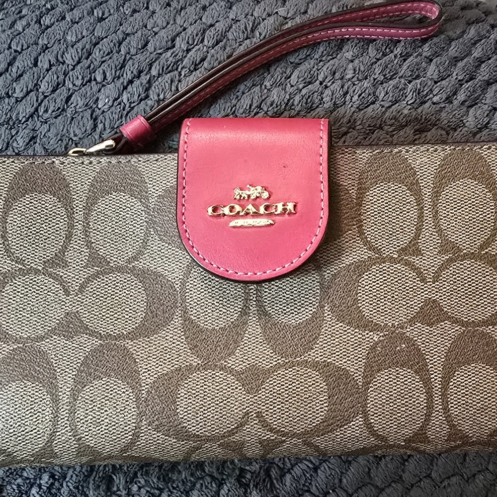 Coach Brown and Pink Clutch with Signature Monogram